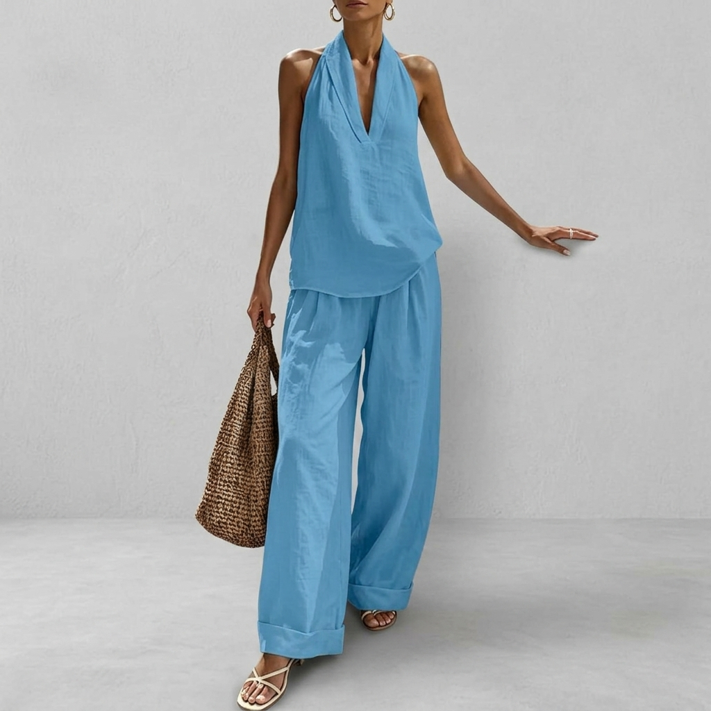 2 Piece Of Sleeveless Halter Top With Wide Pants Matching Lounge Set For Women