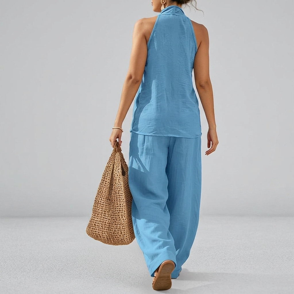 2 Piece Of Sleeveless Halter Top With Wide Pants Matching Lounge Set For Women