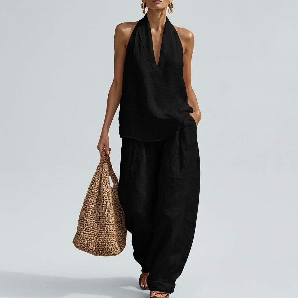 2 Piece Of Sleeveless Halter Top With Wide Pants Matching Lounge Set For Women