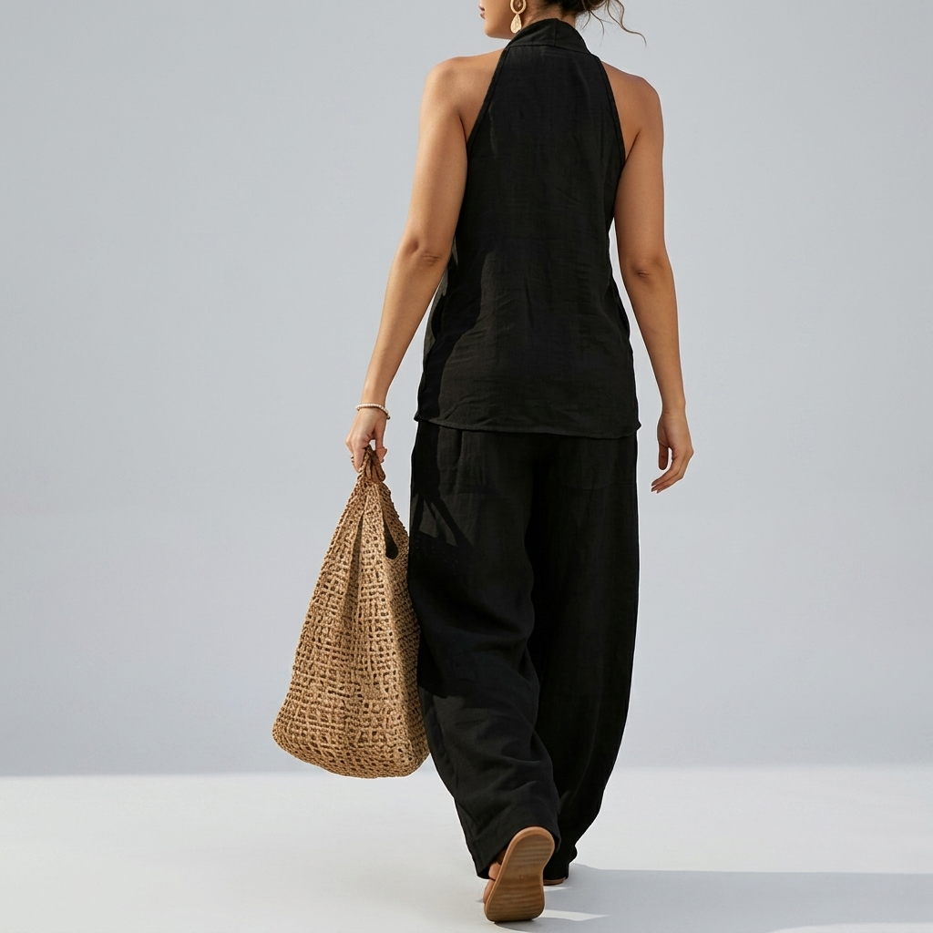 2 Piece Of Sleeveless Halter Top With Wide Pants Matching Lounge Set For Women