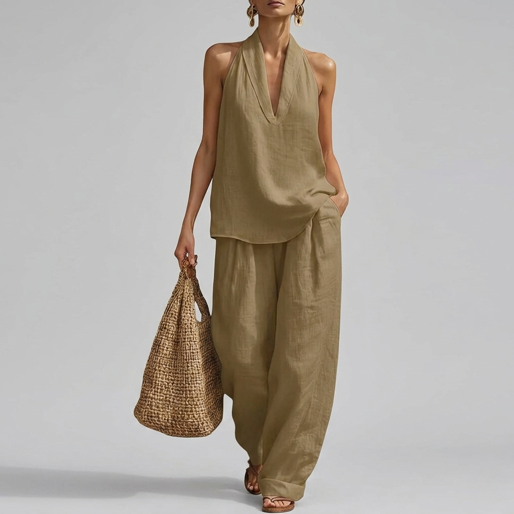 2 Piece Of Sleeveless Halter Top With Wide Pants Matching Lounge Set For Women