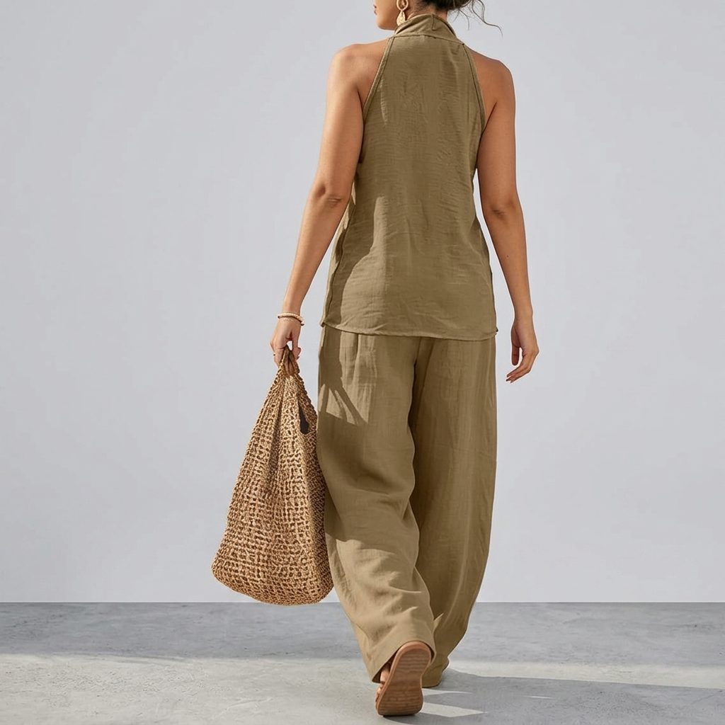 2 Piece Of Sleeveless Halter Top With Wide Pants Matching Lounge Set For Women
