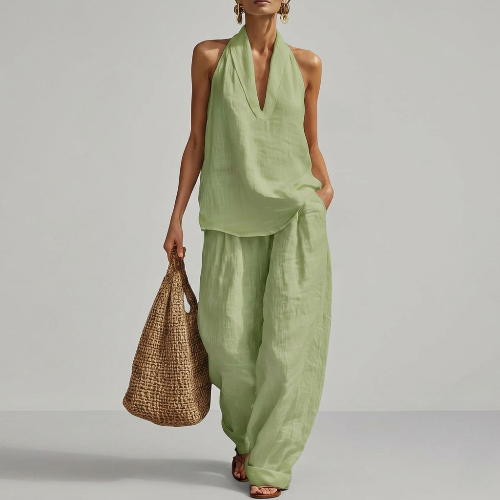 2 Piece Of Sleeveless Halter Top With Wide Pants Matching Lounge Set For Women