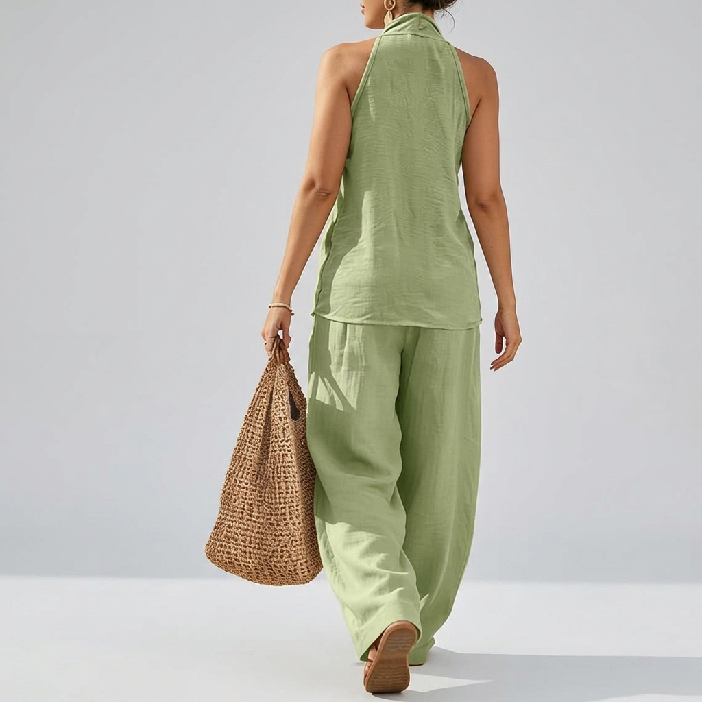 2 Piece Of Sleeveless Halter Top With Wide Pants Matching Lounge Set For Women