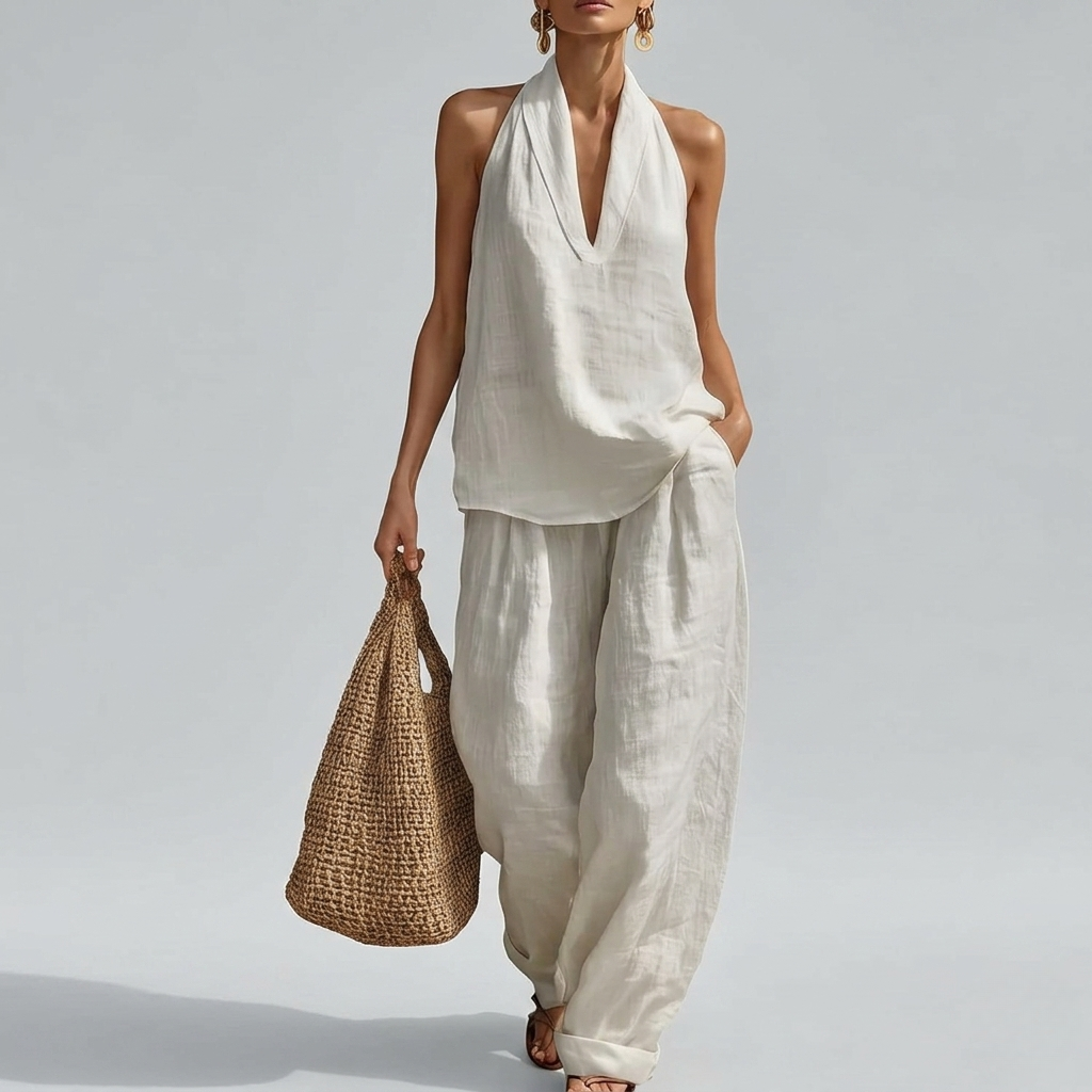 2 Piece Of Sleeveless Halter Top With Wide Pants Matching Lounge Set For Women
