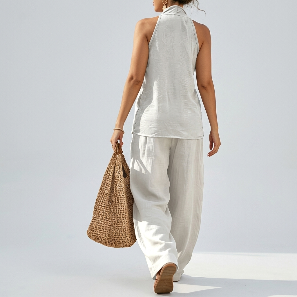 2 Piece Of Sleeveless Halter Top With Wide Pants Matching Lounge Set For Women
