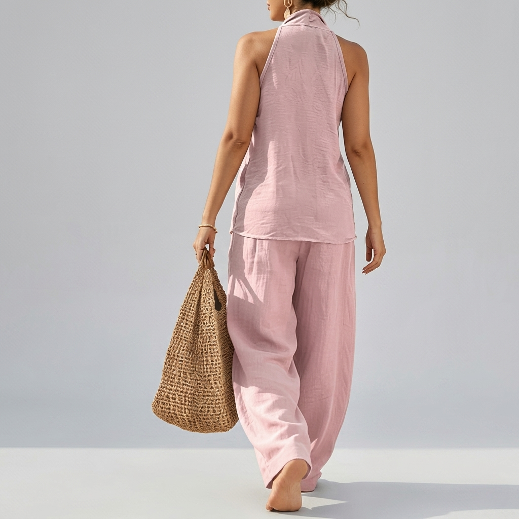2 Piece Of Sleeveless Halter Top With Wide Pants Matching Lounge Set For Women