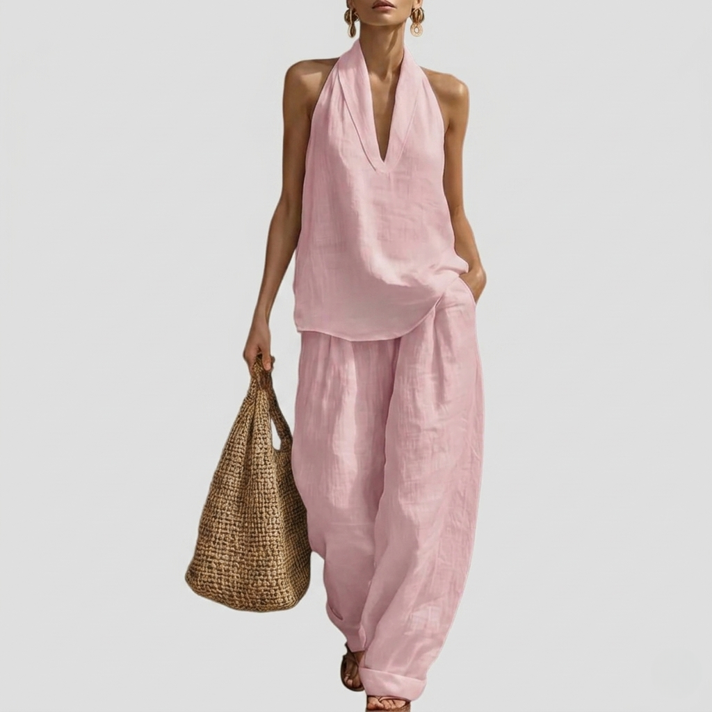 2 Piece Of Sleeveless Halter Top With Wide Pants Matching Lounge Set For Women