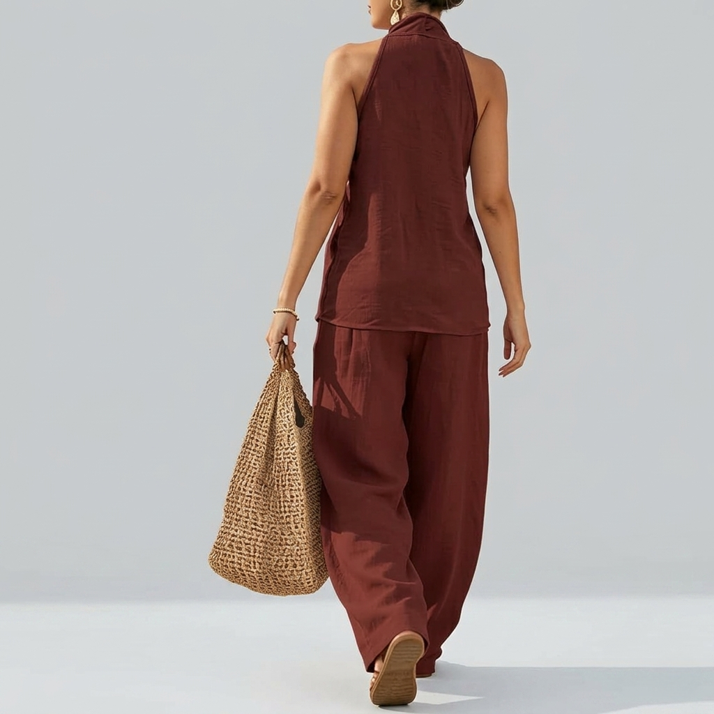 2 Piece Of Sleeveless Halter Top With Wide Pants Matching Lounge Set For Women