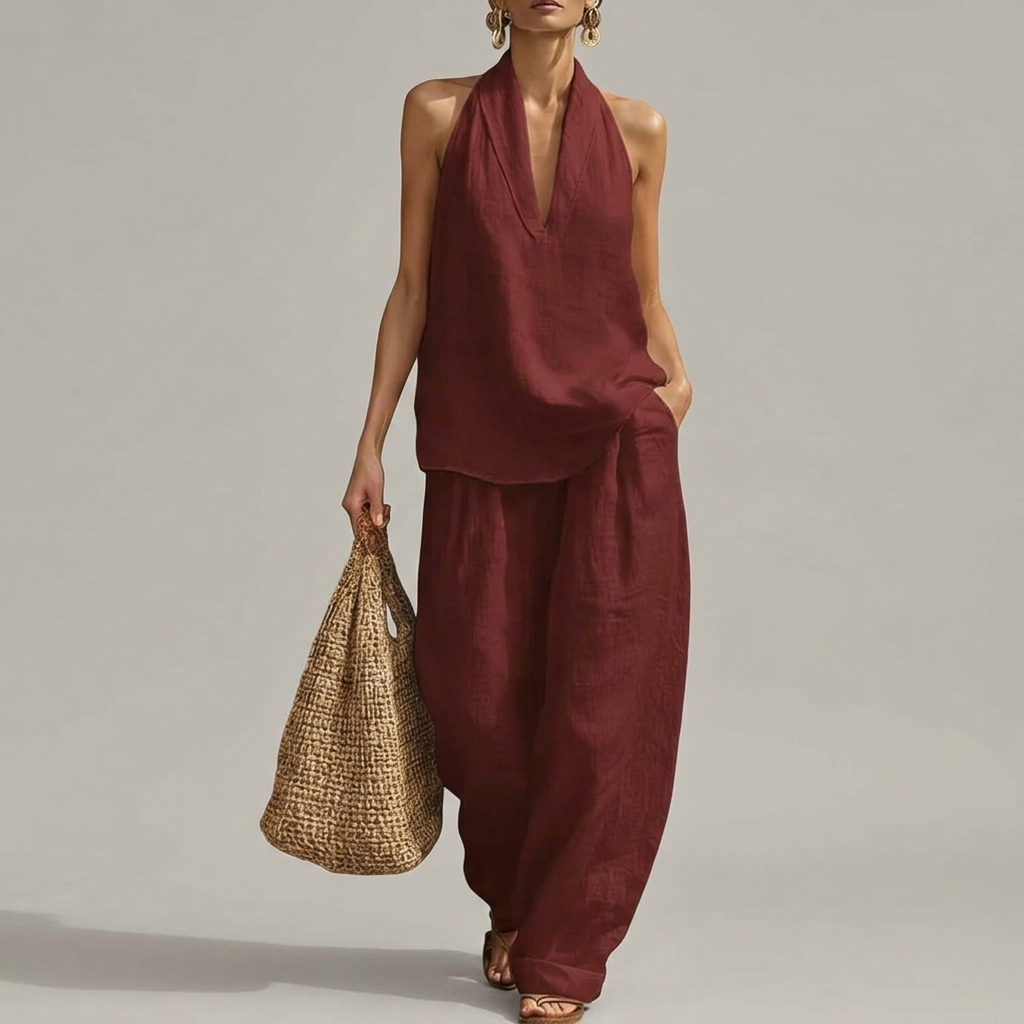 2 Piece Of Sleeveless Halter Top With Wide Pants Matching Lounge Set For Women