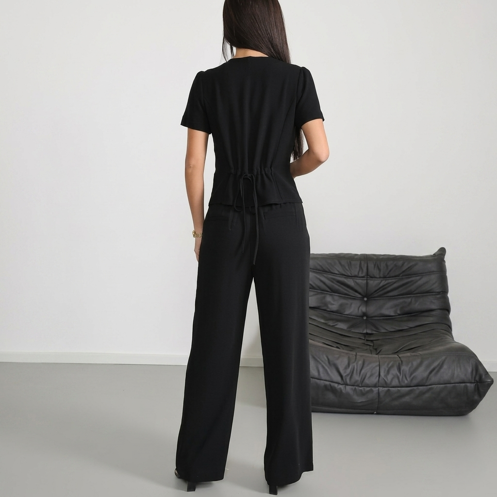 2 Piece Of Casual Short Sleeve Shirt And Wide Pant Suits Outfit Set For Women
