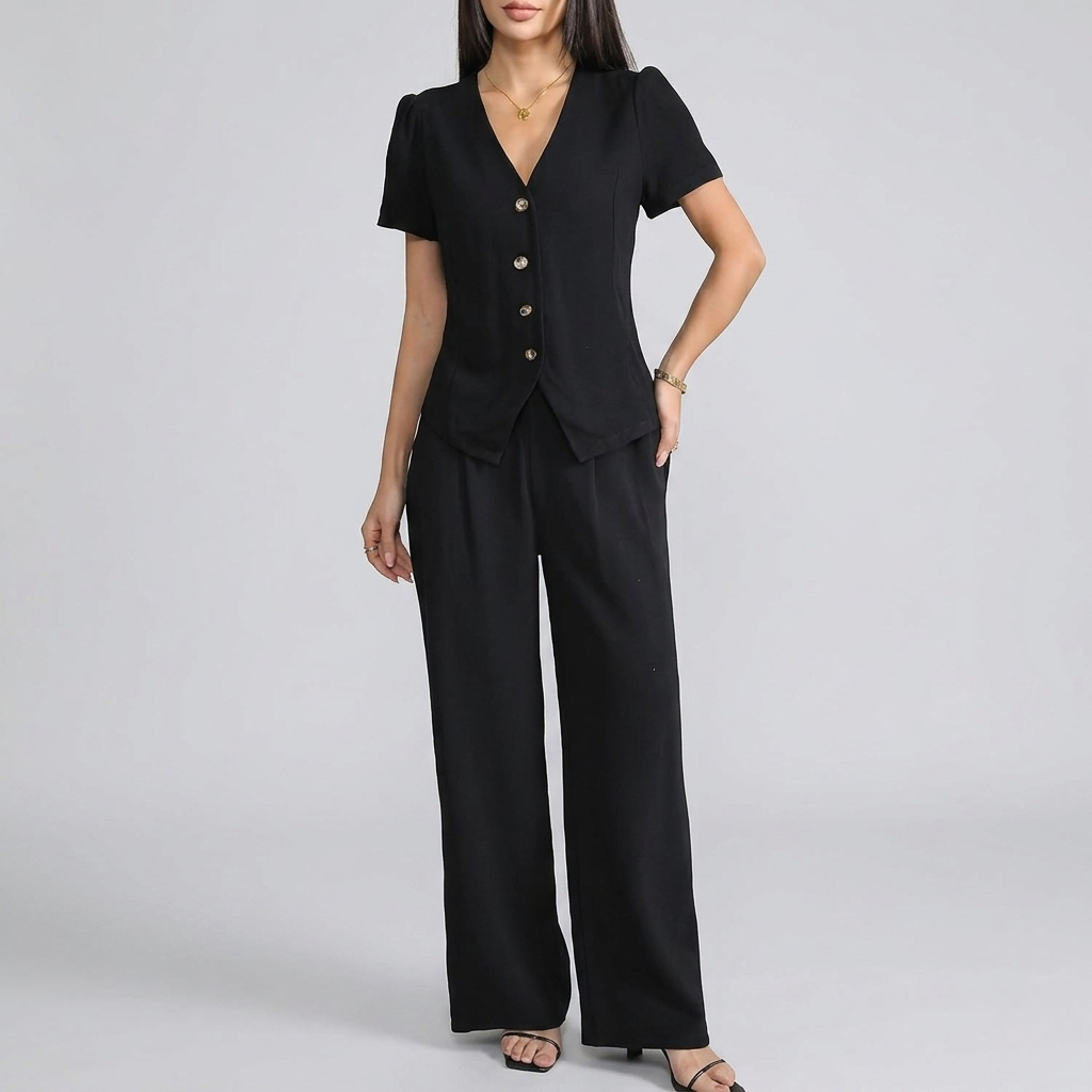 2 Piece Of Casual Short Sleeve Shirt And Wide Pant Suits Outfit Set For Women