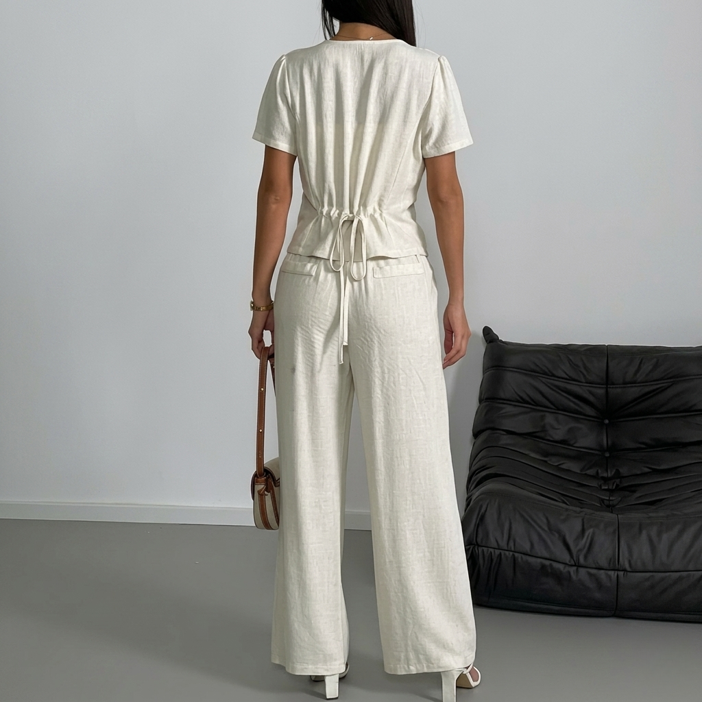2 Piece Of Casual Short Sleeve Shirt And Wide Pant Suits Outfit Set For Women
