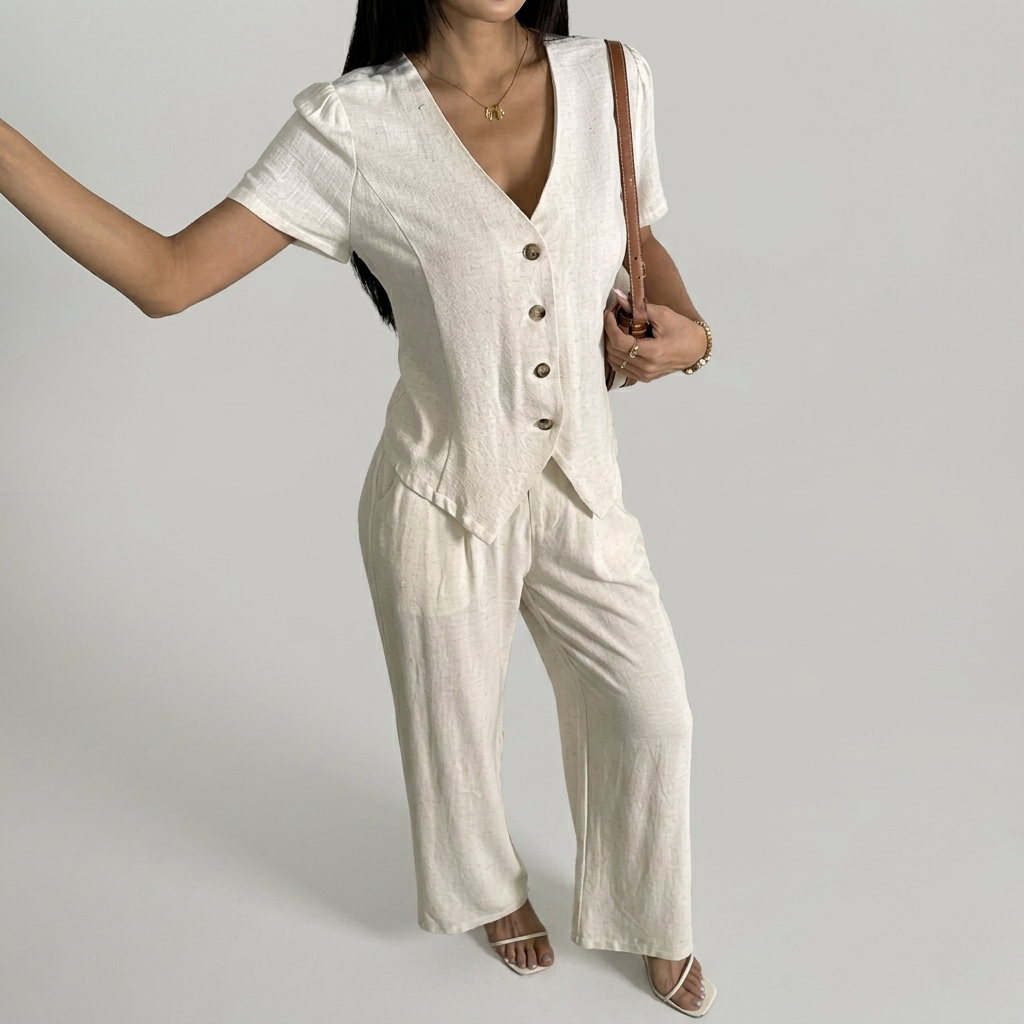 2 Piece Of Casual Short Sleeve Shirt And Wide Pant Suits Outfit Set For Women