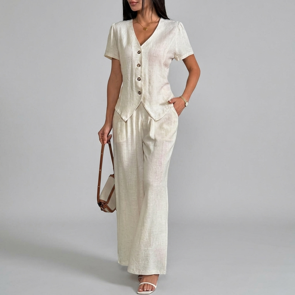 2 Piece Of Casual Short Sleeve Shirt And Wide Pant Suits Outfit Set For Women