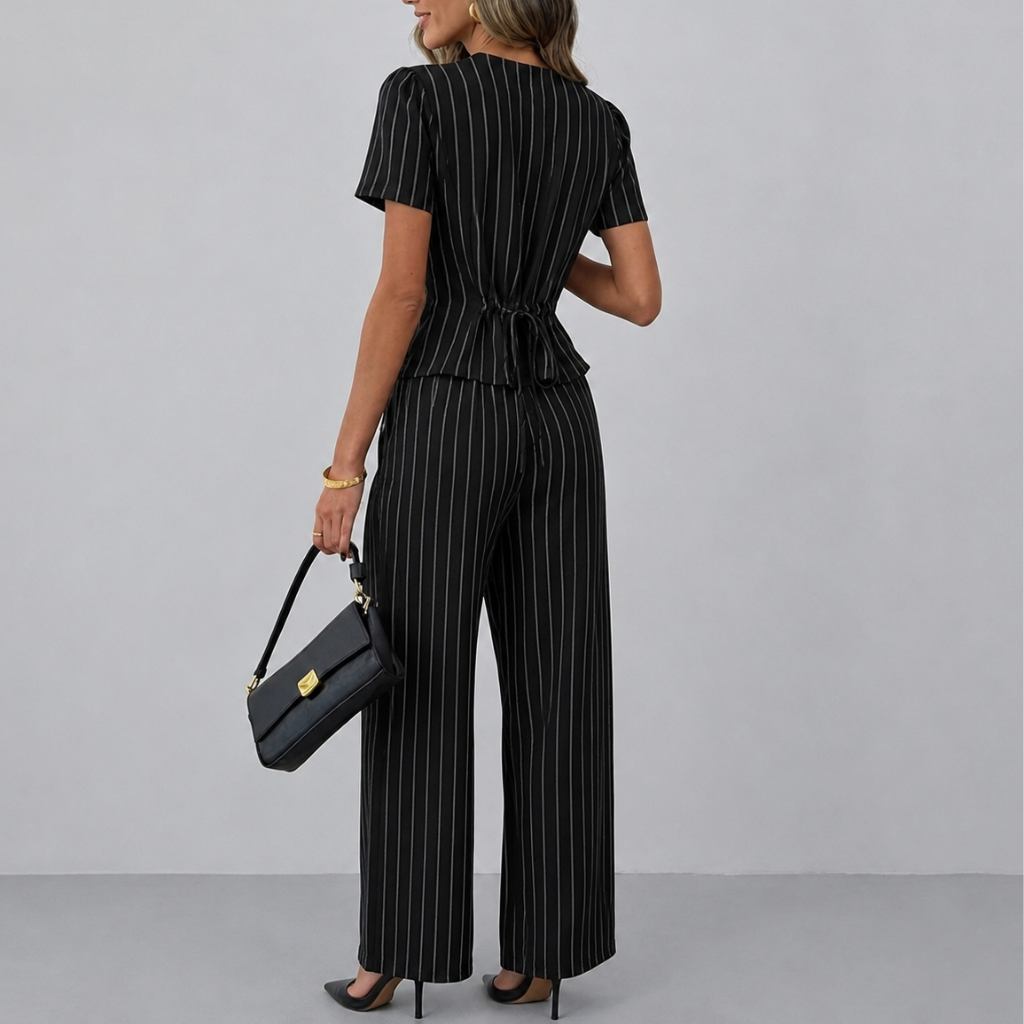 2 Piece Of Casual Short Sleeve Shirt And Wide Pant Outfit Set For Women