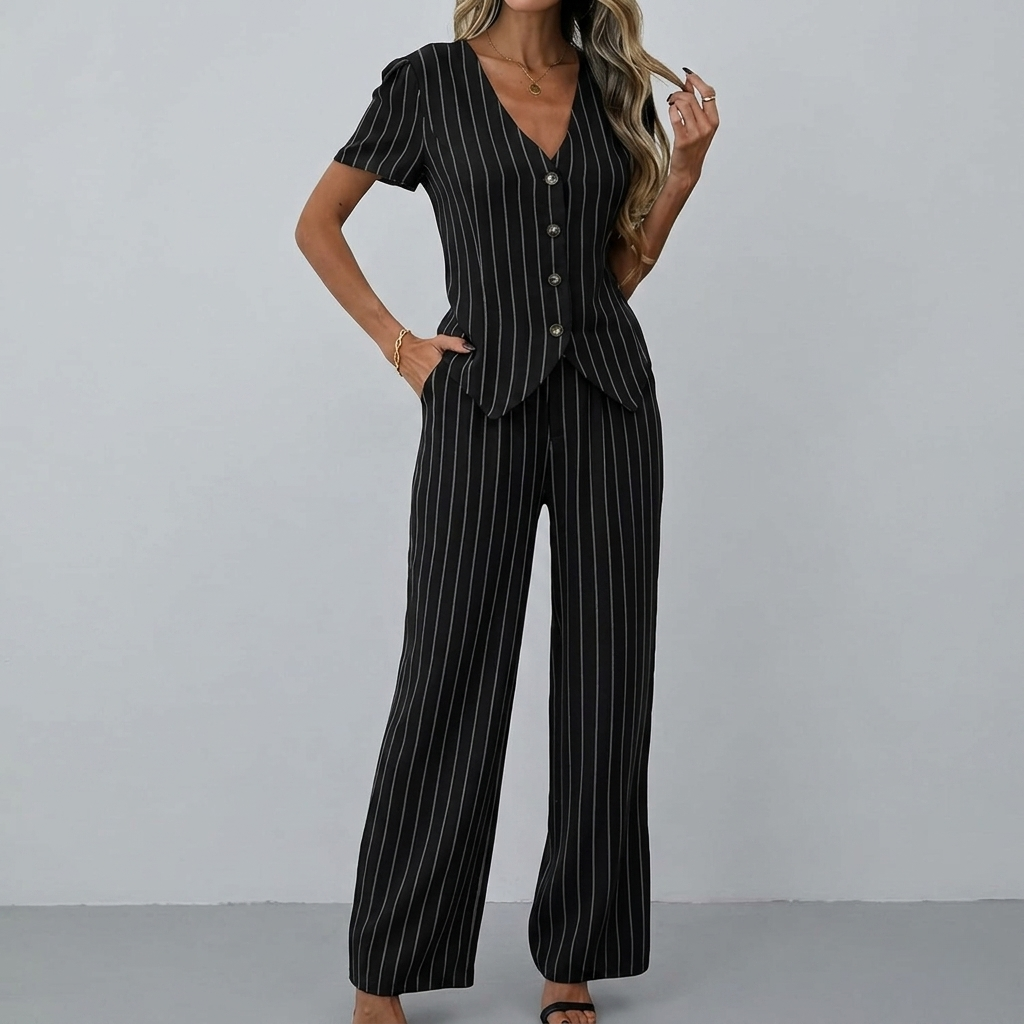 2 Piece Of Casual Short Sleeve Shirt And Wide Pant Outfit Set For Women