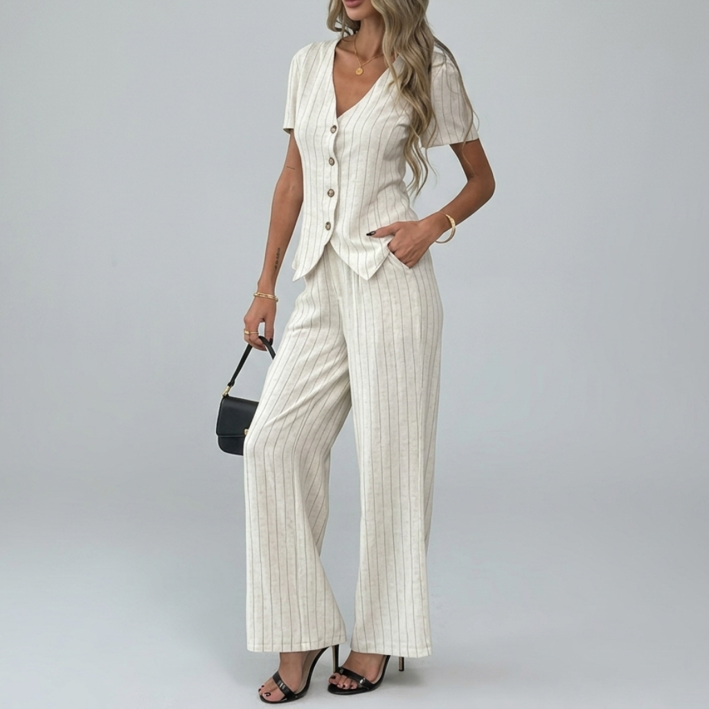 2 Piece Of Casual Short Sleeve Shirt And Wide Pant Outfit Set For Women