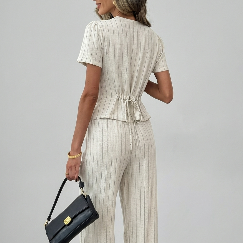 2 Piece Of Casual Short Sleeve Shirt And Wide Pant Outfit Set For Women