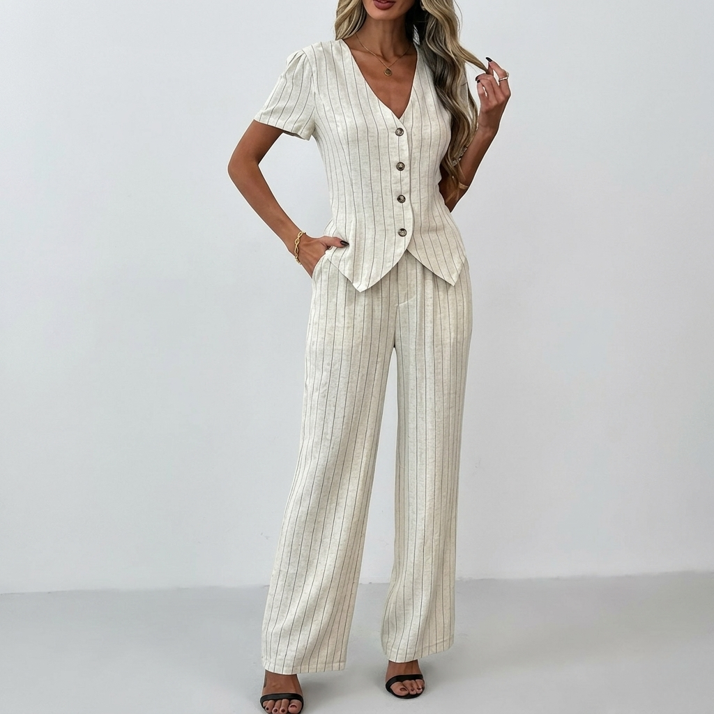 2 Piece Of Casual Short Sleeve Shirt And Wide Pant Outfit Set For Women
