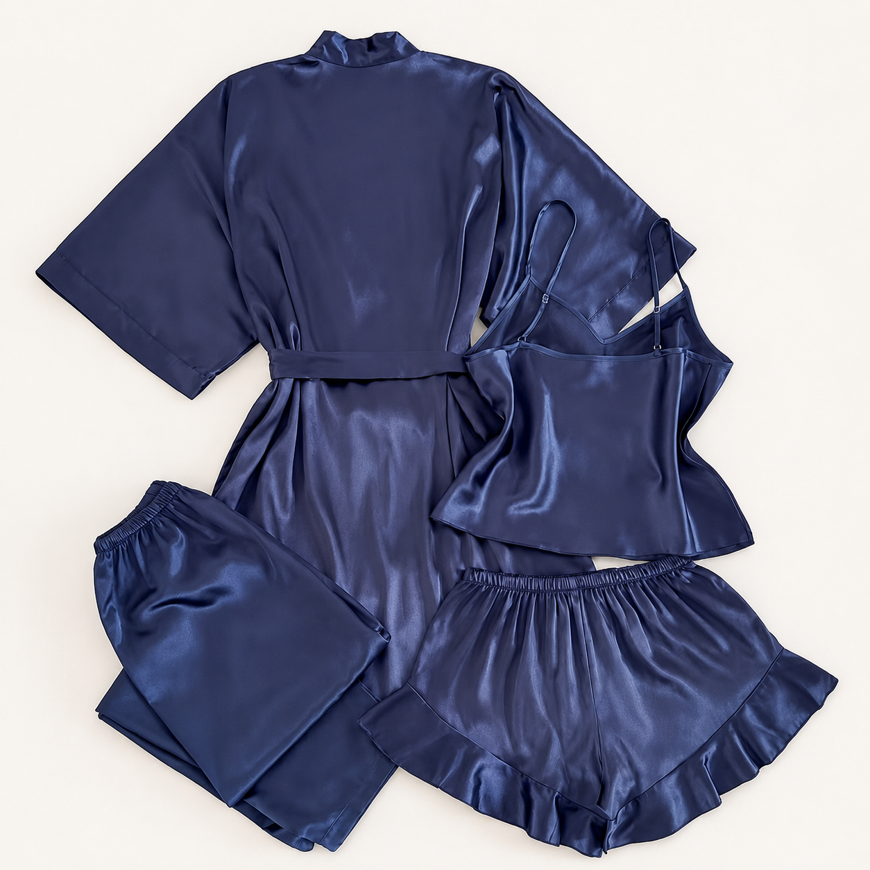 Four Piece V Style Sleepwear Set With Drawstring Shorts For Women