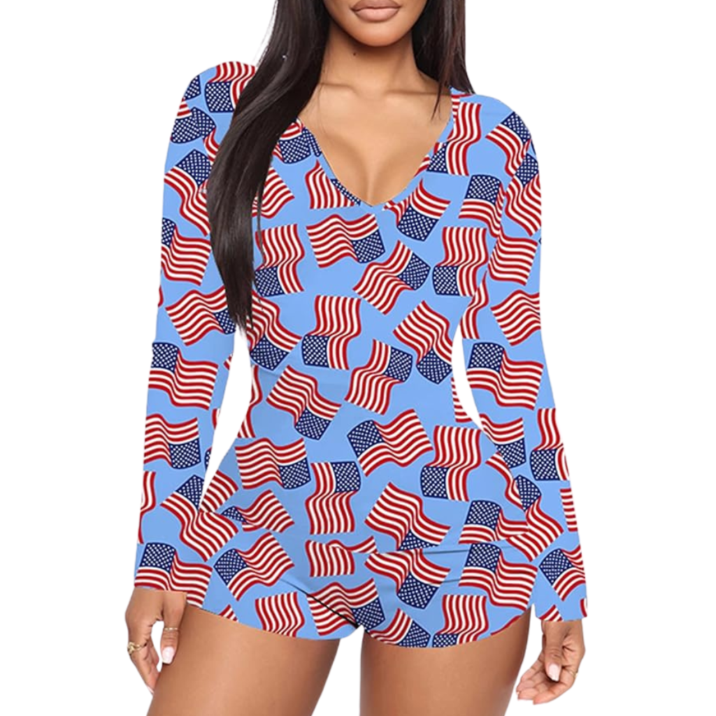 American Flag Printed Patriotic Romper Jumpsuit For Women