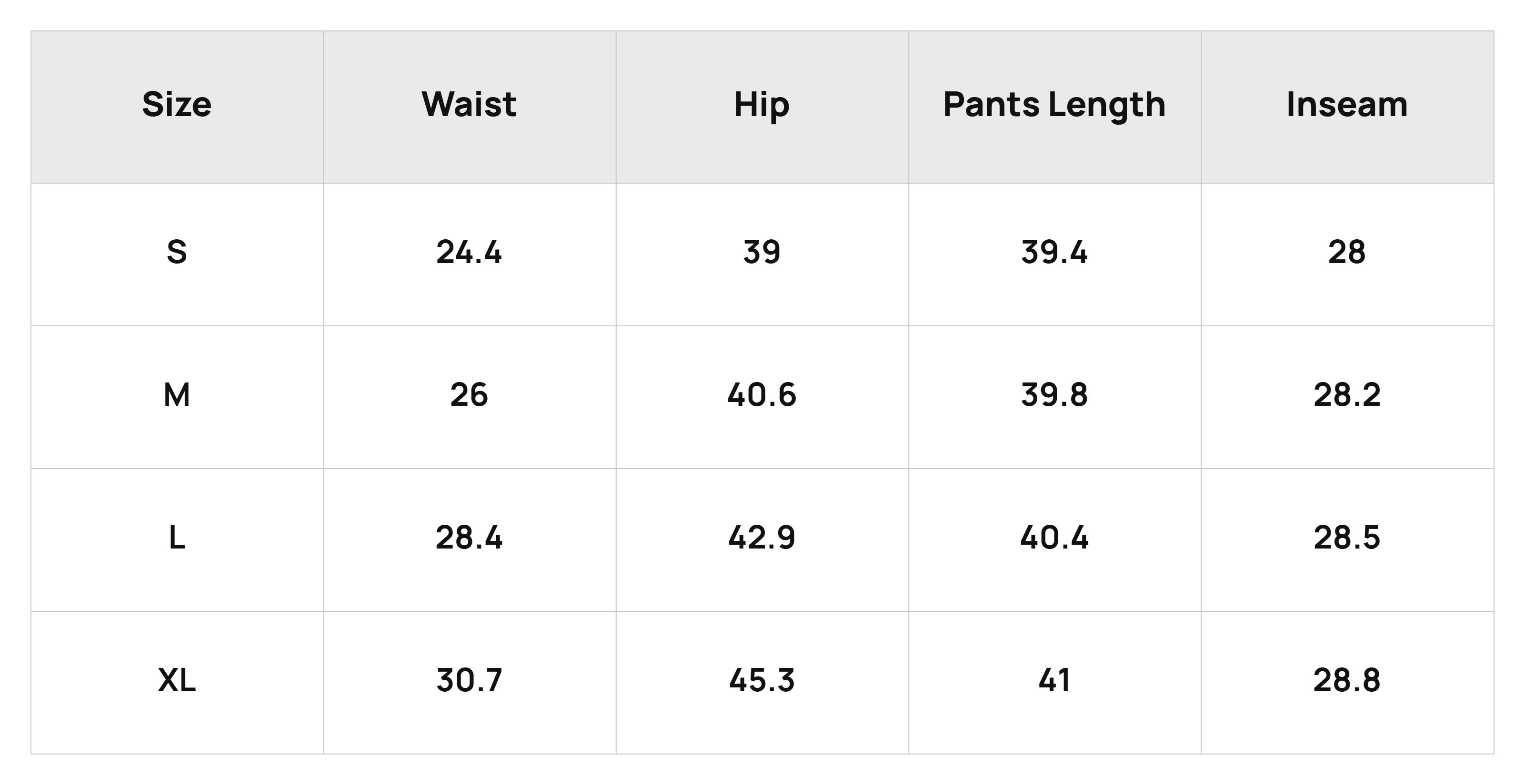 Size Chart Bottoms Product Size Chart