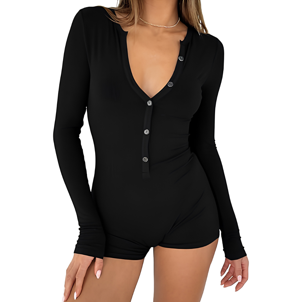 Long Sleeve Button Down Ribbed Lounge Jumpsuit For Women
