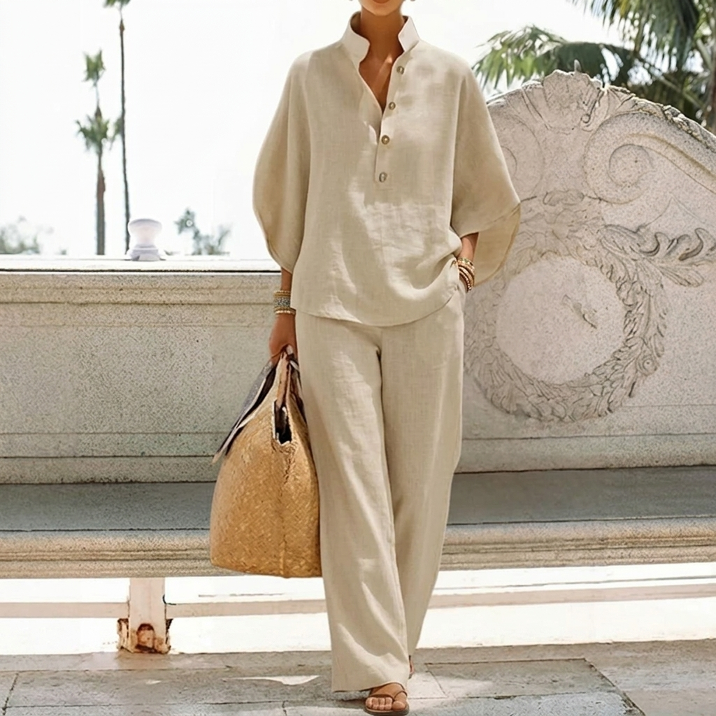 2 Piece Of Batwing Sleeve Shirts With Wide Pant Set For Women
