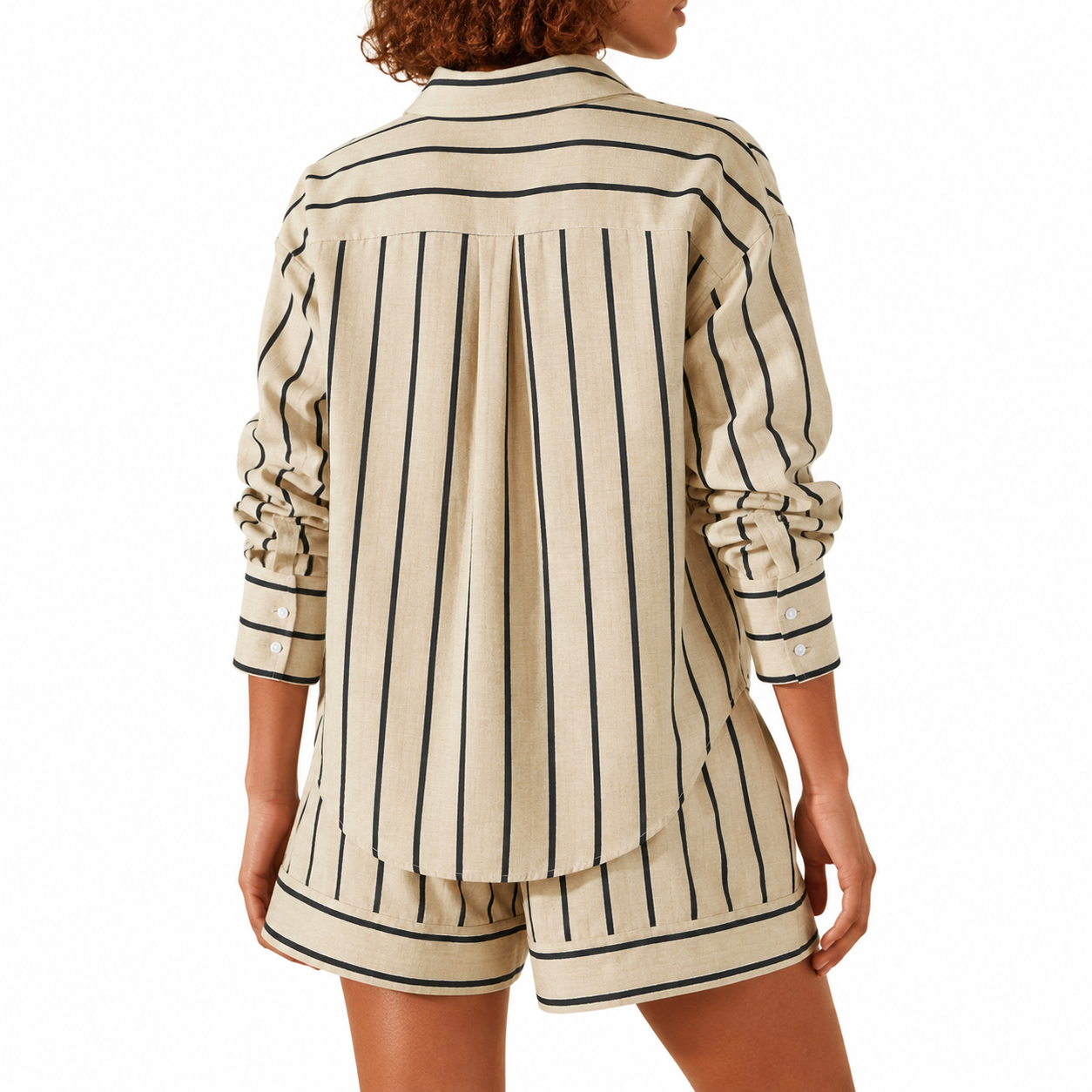 Striped Sleeve Down Collared Shirt Sets For Women