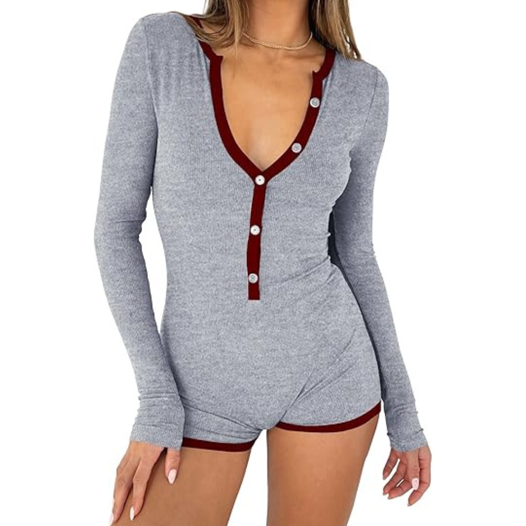 Long Sleeve Button Down Ribbed Lounge Jumpsuit For Women