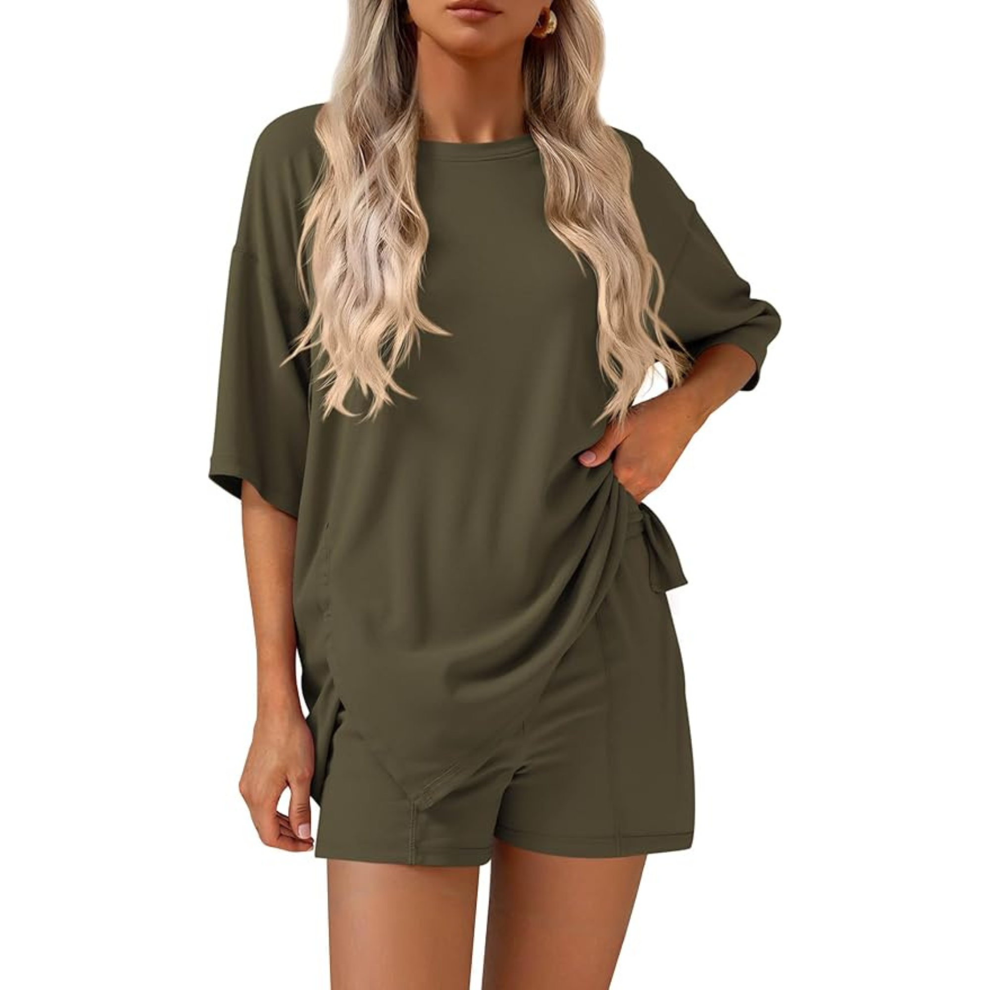 2 Piece Lounge Set With Oversized T Shirt And Shorts For Women