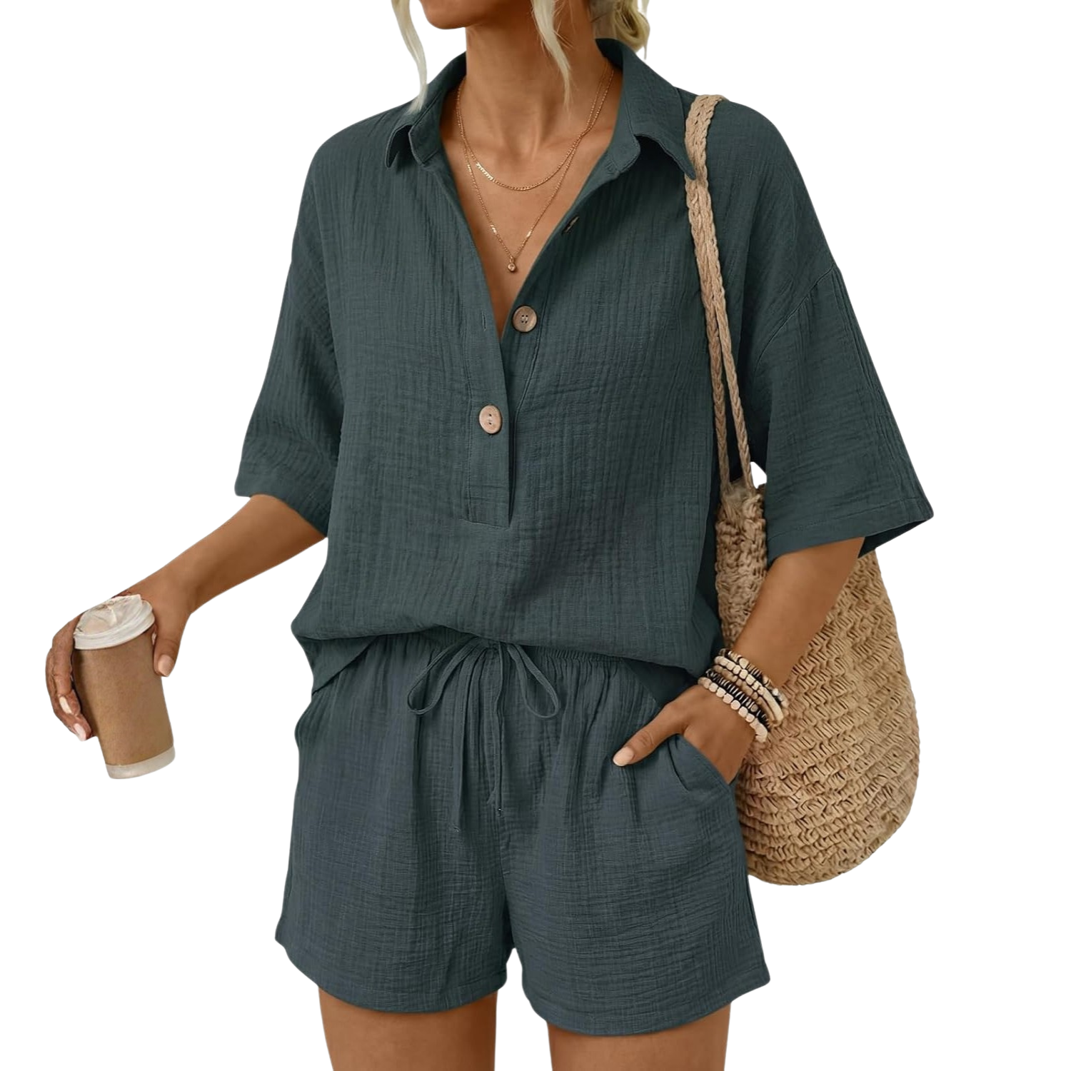 Linen Short Sleeve Summer Vacation Beach Short Sets For Women