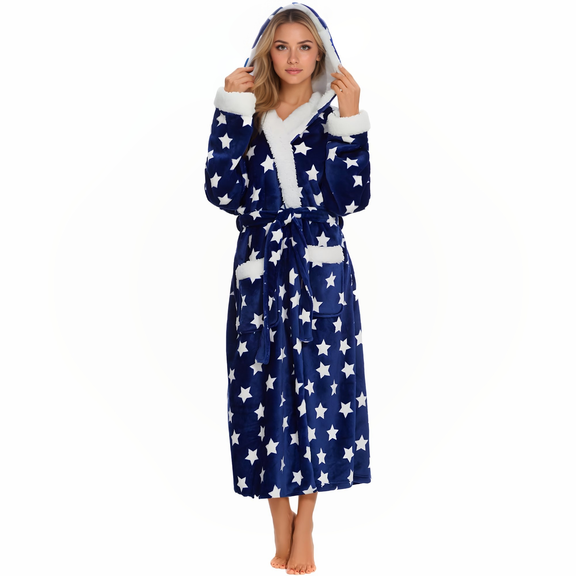 Soft Fleece Hooded Long Bathrobe For Women Home Lounge
