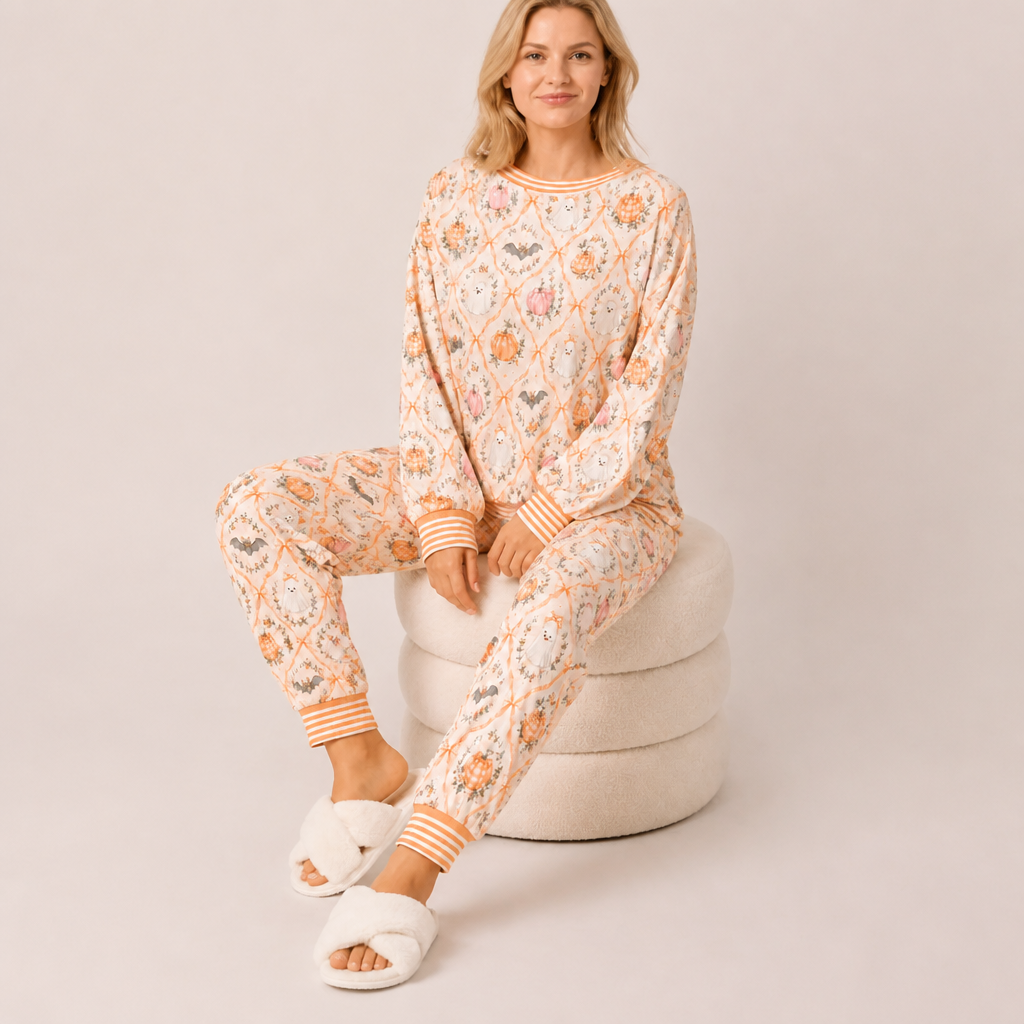 Halloween Pumpkin Print Two Piece Loungewear Pajama Set for Women
