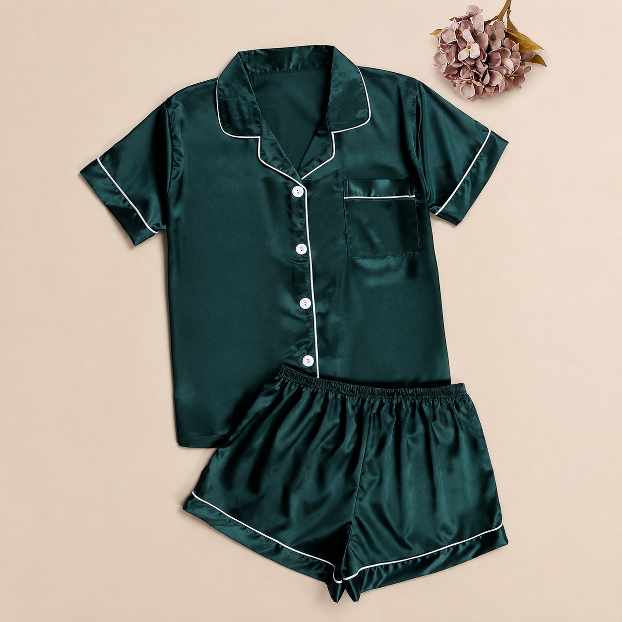 2 Piece Of Short Sleeve Button Front Turn Down Collar Pajama Set With Shorts For Women
