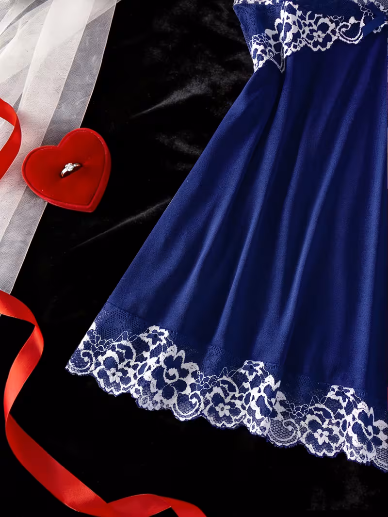 2pcs color block floral lace nightdress set v neck semi sheer bow dress and briefs womens elegant sleepwear and loungewear royal blue 3