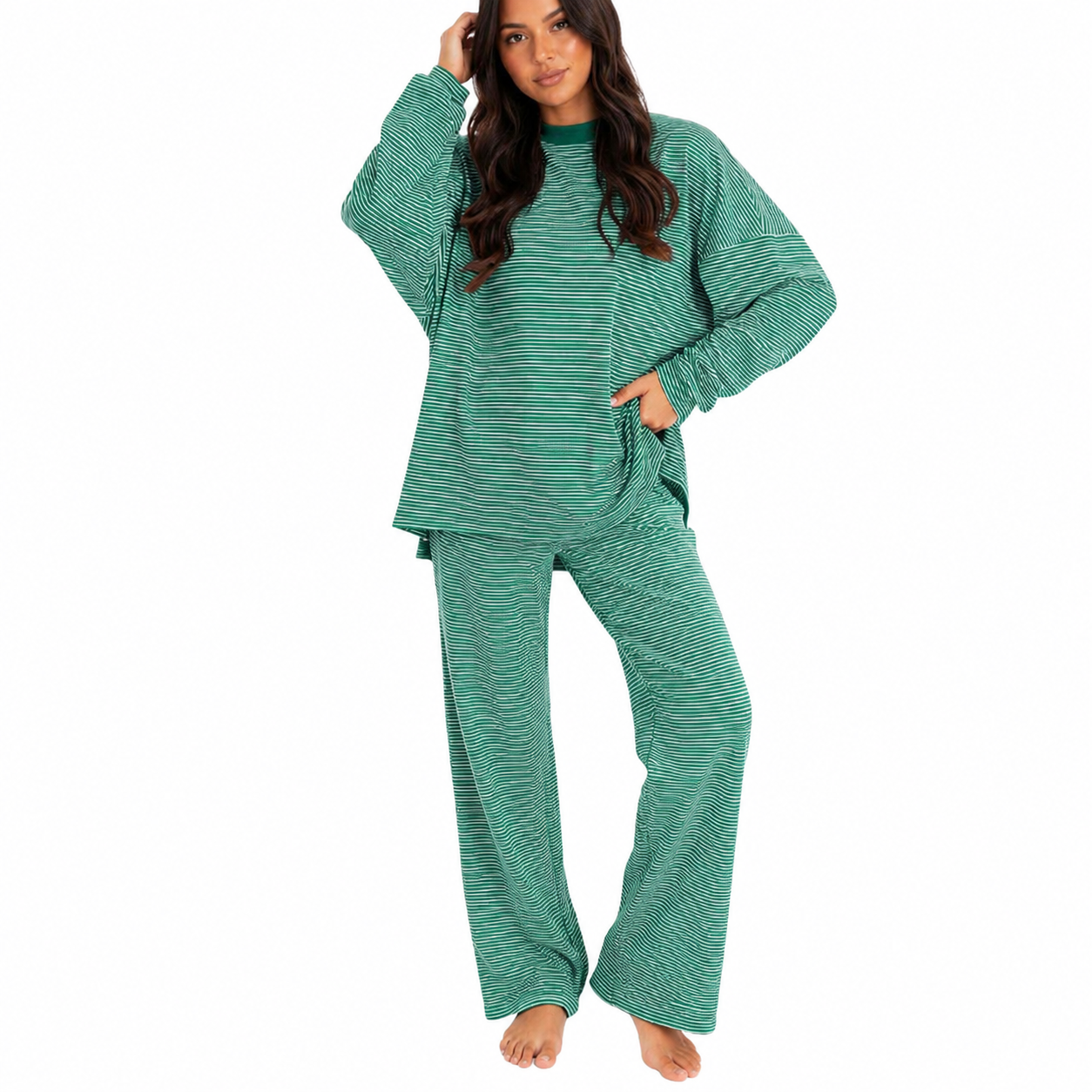 2 Pieces Wide Oversized Long Striped Cotton Loungewear For Women