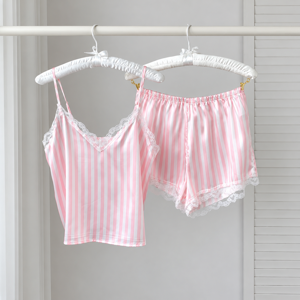 Striped Lace Trim Camisole and Shorts 2 Piece Pajama Set for Women
