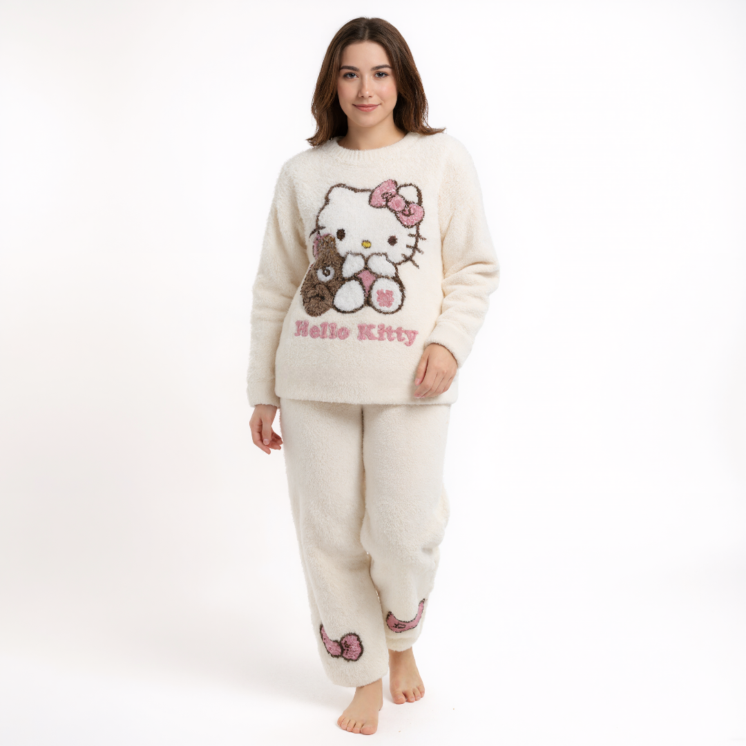 Cartoon Cat Thick Fleece Pajama Set For Women