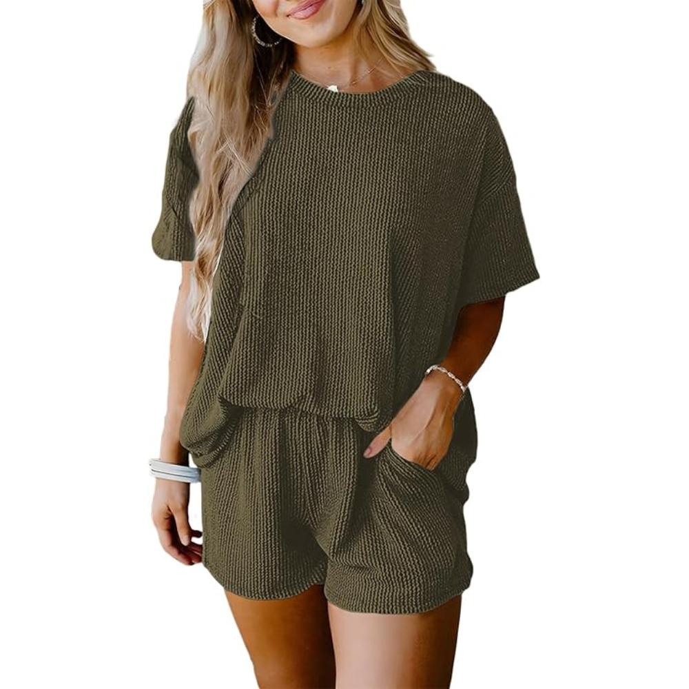 Ribbed Lounge Set Short Sleeve Top And Shorts with Pockets