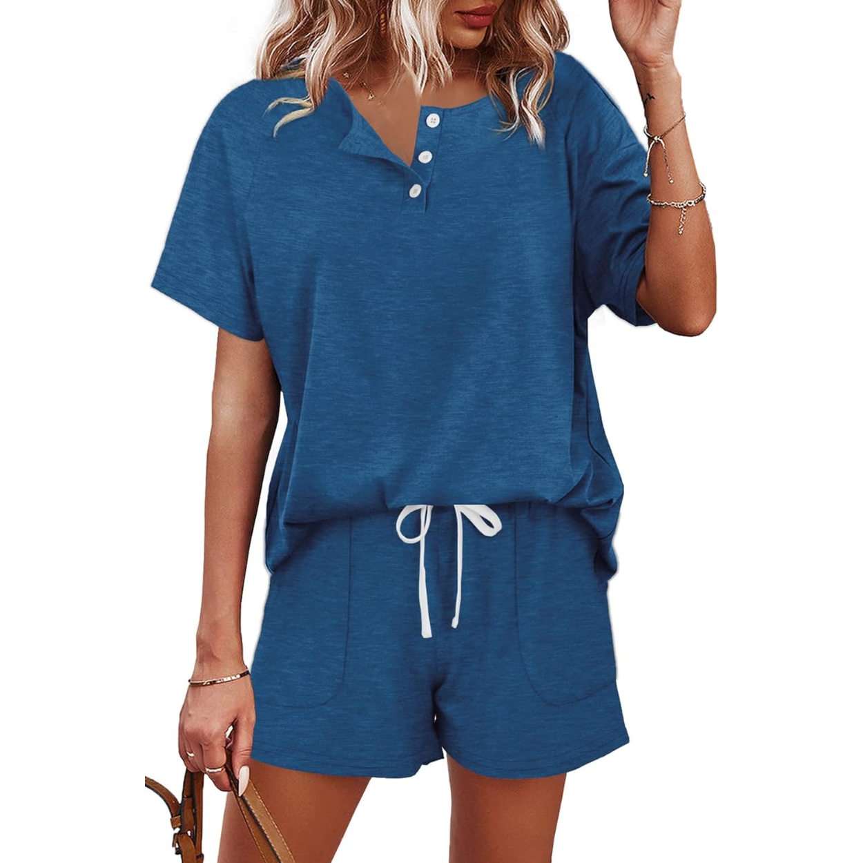 Two Piece Lounge Set with Button Down Top And Shorts