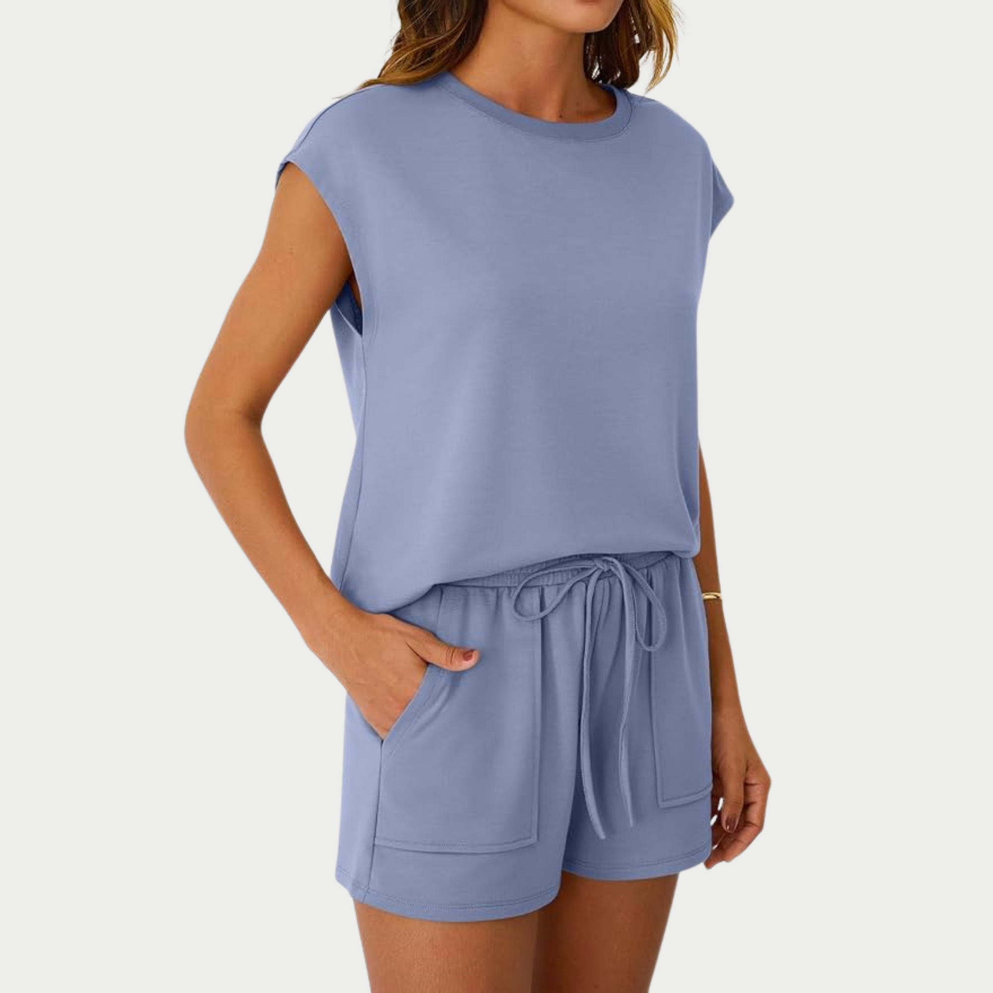 Two Piece Cap Sleeve Drawstring Short Set For Women