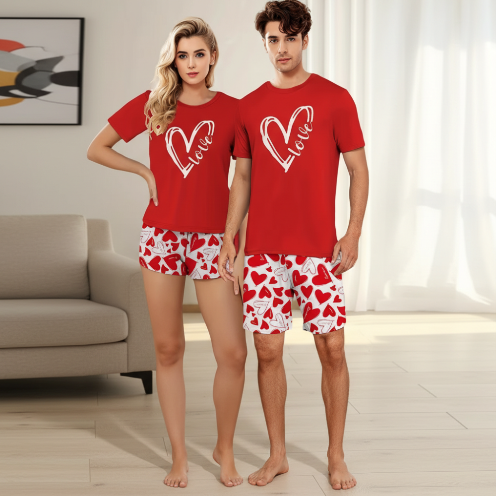 Couple Style Love Letter Print Men's or Women's Short Sleeve Shorts Pajama Set Men's