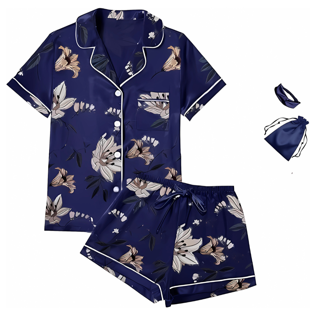 4Pcs Satin Silky Womens Short Sleeve Shirt Pajamas Set