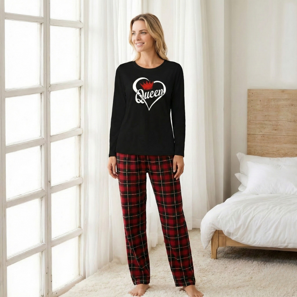 King Queen Printed Long Sleeve Matching Pajama Set For Couple