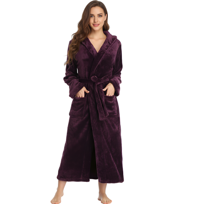 Womens Robes Plush Fleece Hooded Bathrobe Thick Nightgown With Pockets Fluffy Sleepwear