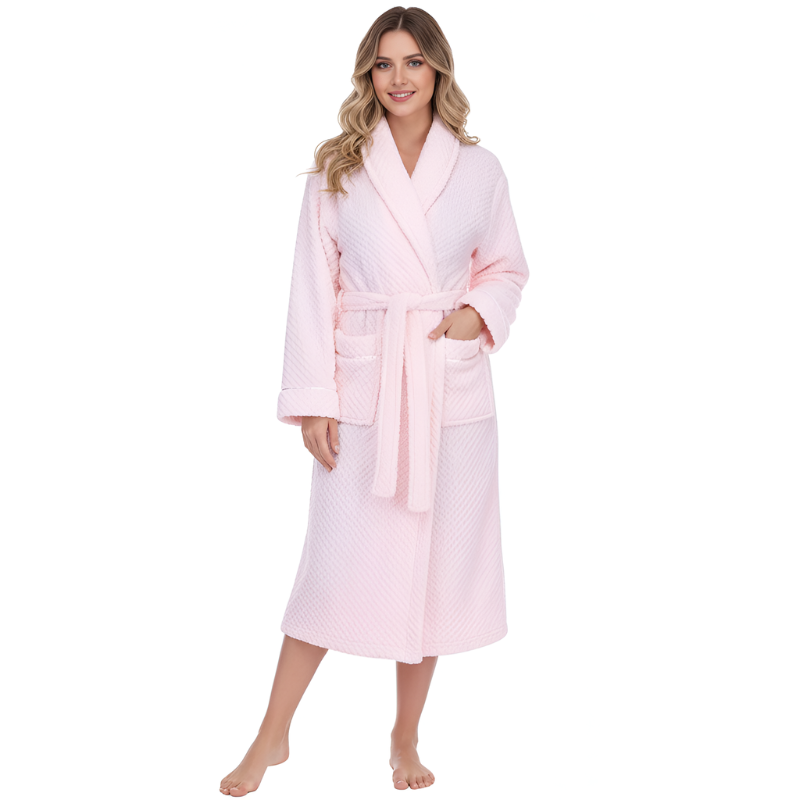 Plush Textured Design Fleece Long Bathrobe For Women