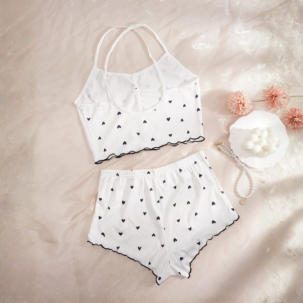 Cordate Printed Cross Strap Pajama Top And Shorts Set