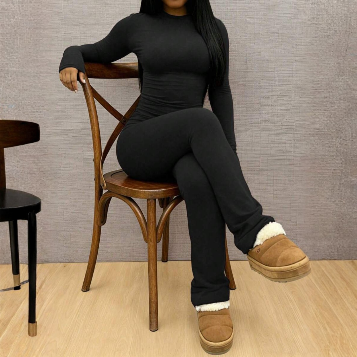Long Sleeve T Shirt and Flare Pants Two Piece Casual Set for Women